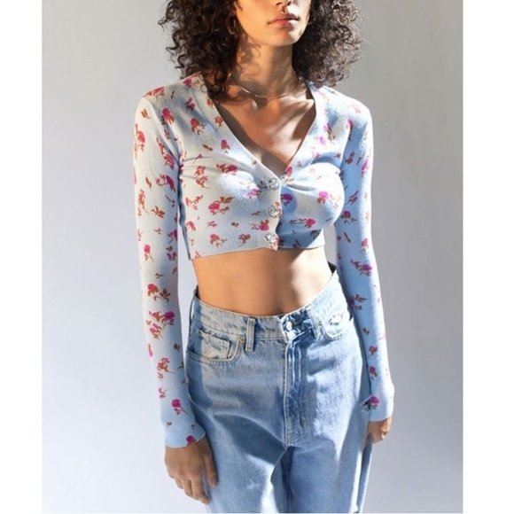 Urban Outfitters Sweaters - Dainty Floral Alicia Cropped Sweater Blue Fitted Knit Gem Button Cardigan.  SZ L